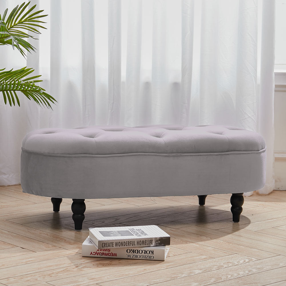 Oval Velvet Buttoned Footstool with Wood Legs, Grey