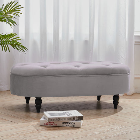 Oval Velvet Buttoned Footstool with Wood Legs, Grey