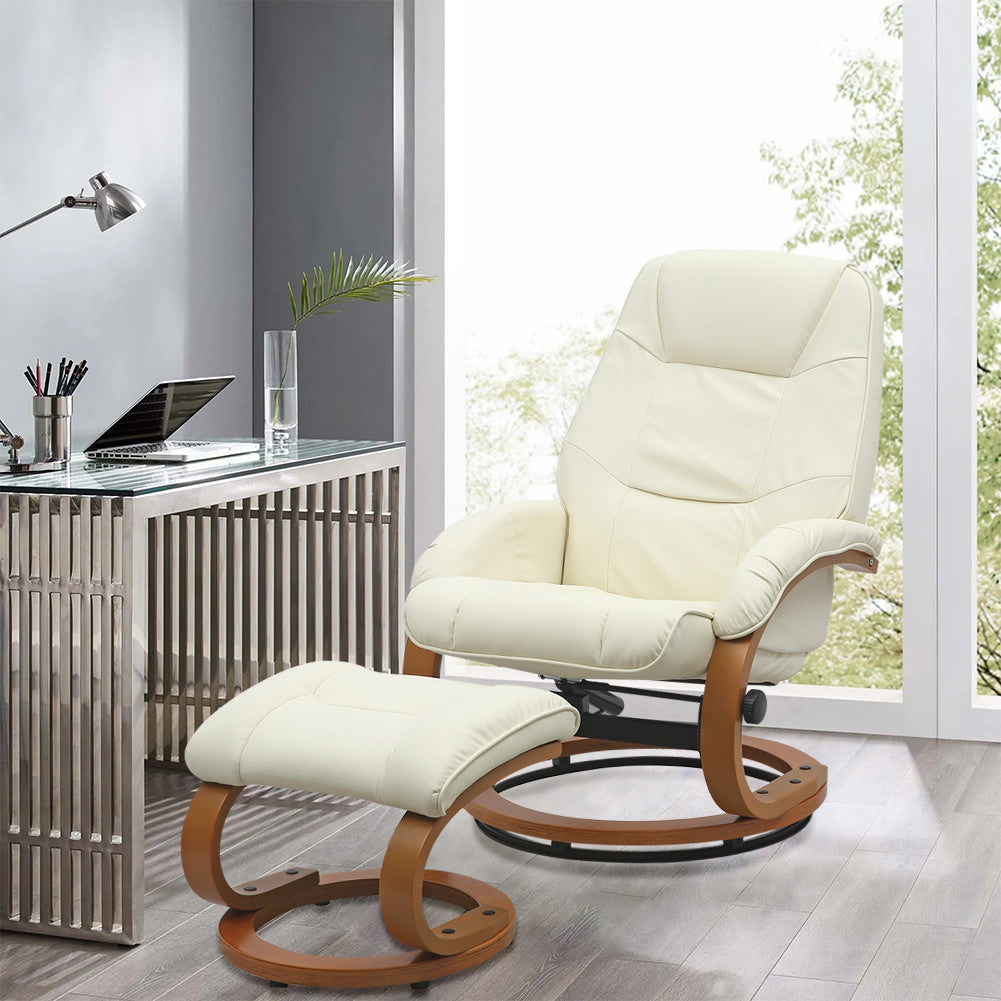 PU Leather Swivel Reclining Office Armchair with Footstool, Beige