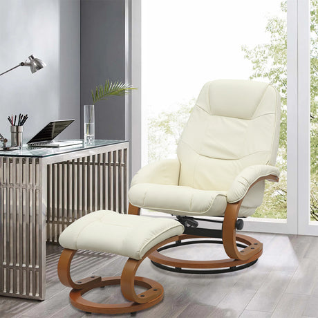 PU Leather Swivel Reclining Office Armchair with Footstool, Beige