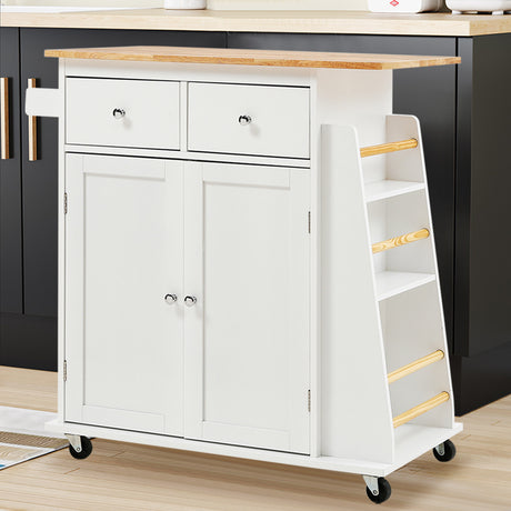 White Rolling Kitchen Trolley with Rubber Wood Top