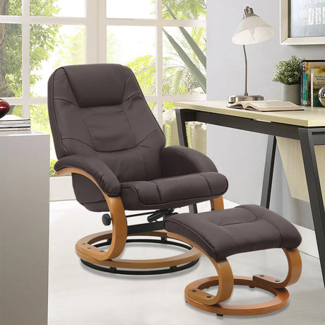 PU Leather Swivel Reclining Office Armchair with Footstool Brown