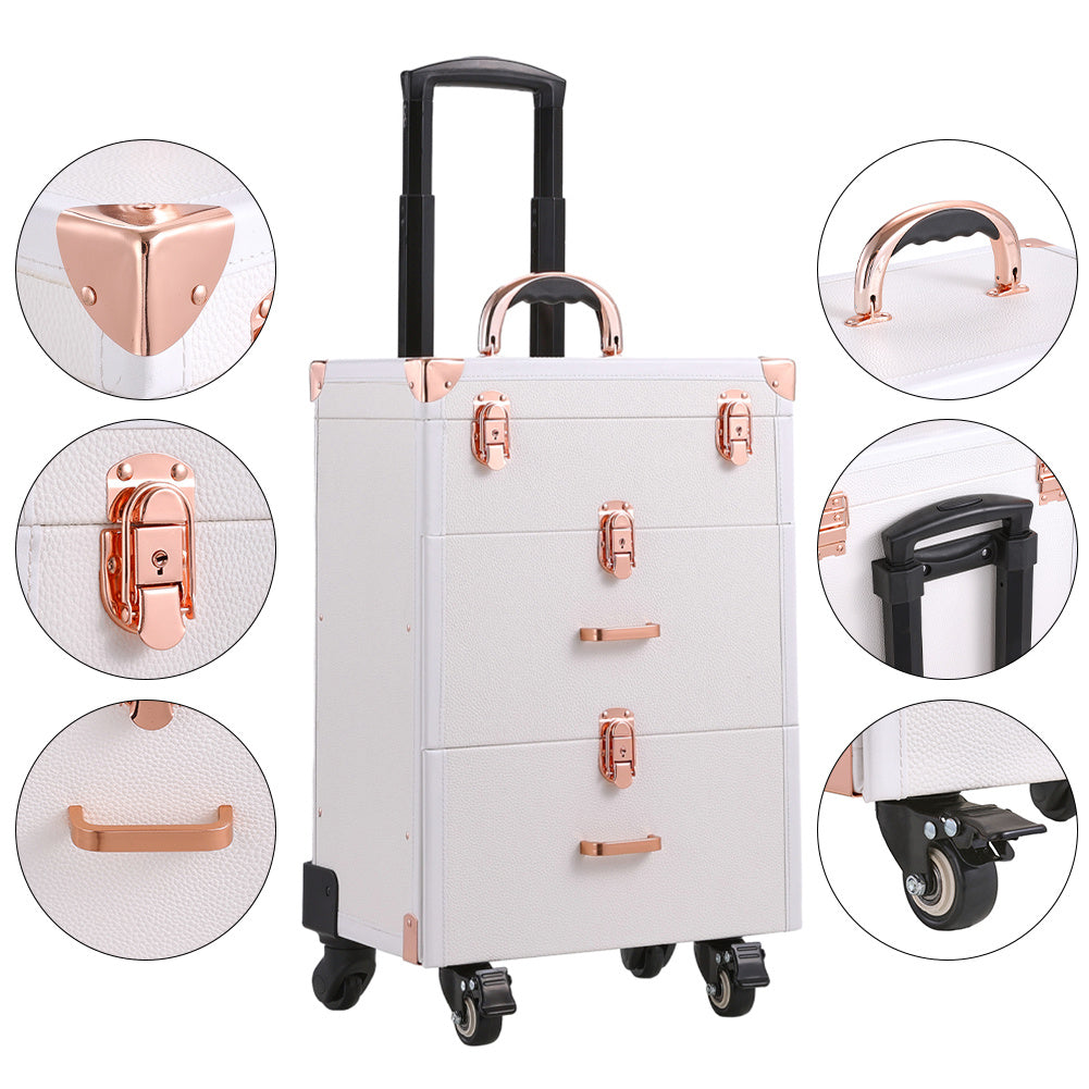 3in1 Cosmetic Trolley Case Beauty case Rolling Makeup Case on Wheels,White