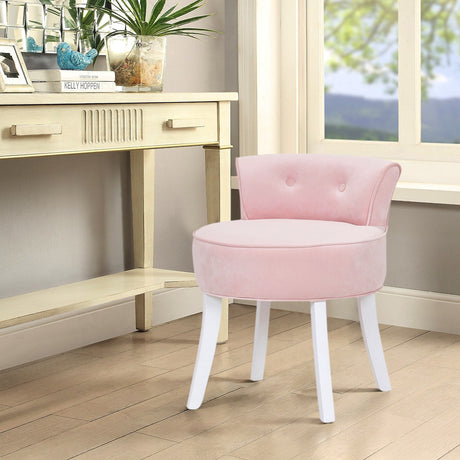 Velvet Vanity Stool Soft Seat Low Back with White Wooden Legs, Pink