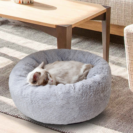 60CM Round Faux Fur Fluffy Shaggy Sheepskin Pet Bed, Light Grey