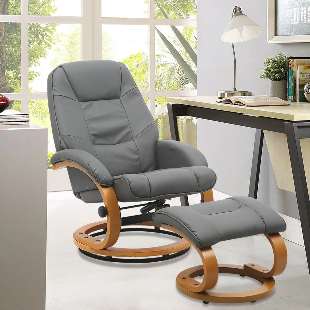 PU Leather Swivel Reclining Office Armchair with Footstool, Grey