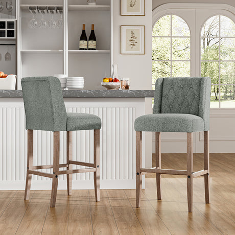 Rustic Set of 2 Bar Stools Linen Tufted with Wood Legs