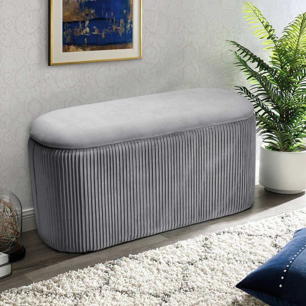 Elliptical Velvet Ottoman Storage Bench, Grey