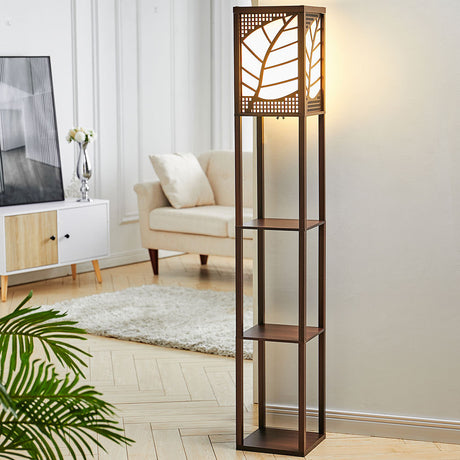 Brown Floor Lamp Leaf Pattern with Storage Shelf
