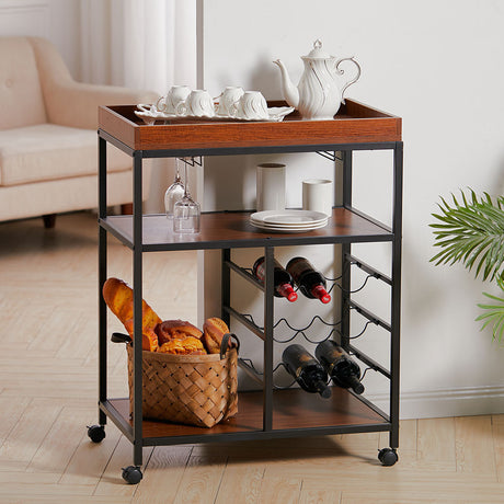 3 Tier Kitchen Trolley with Tea Tray Wood Storage Shelf and Wine Rack Brown