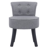 Linen Buttoned Vanity Stool Thick Padded Black Wooden Legs, Light Grey