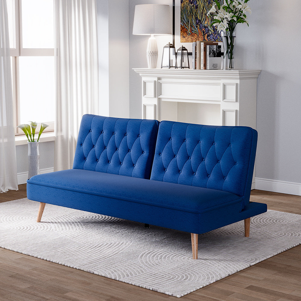 Blue Upholstered Convertible Sofa Bed with Wood Leg