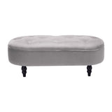 Oval Velvet Buttoned Footstool with Wood Legs, Grey