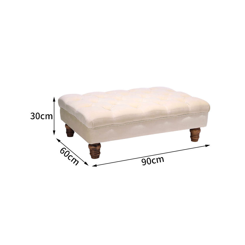 Velvet Buttoned Thick Padded Footstool with Wood Legs Beige