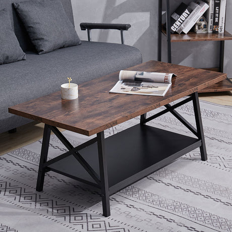Brown 2 Tier Industrial Style Coffee Table with Storage Shelf