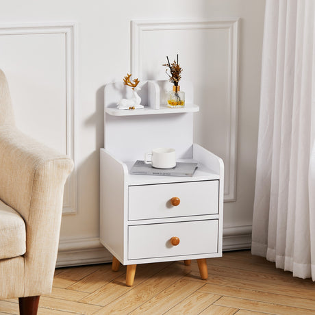 Wood White Bedside Table Nightstand With two Drawers