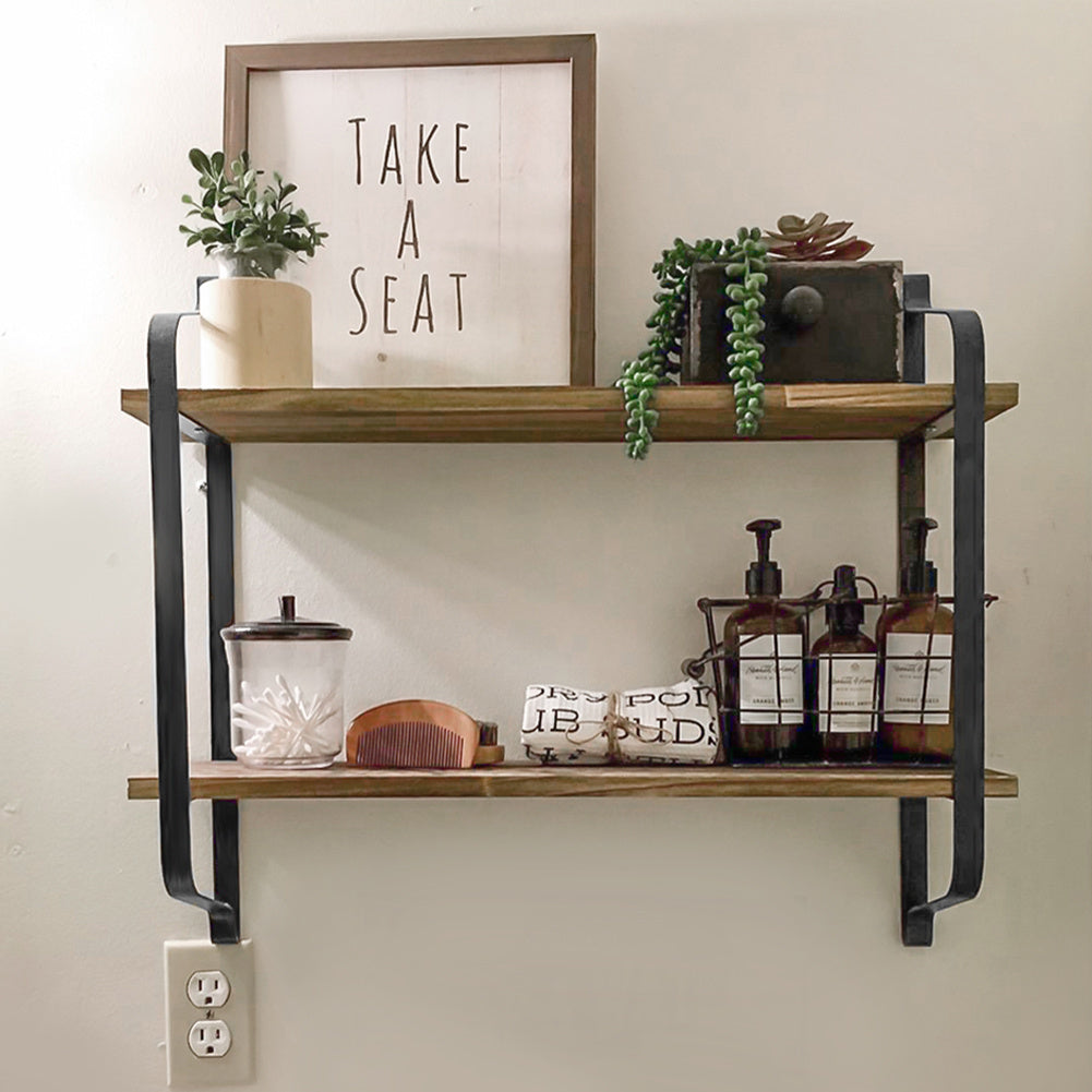 2 Tier Wall Mounted Metal Frame Wood Storage Shelf