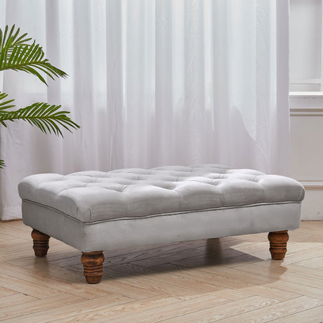 Velvet Buttoned Thick Padded Footstool with Wood Legs Grey