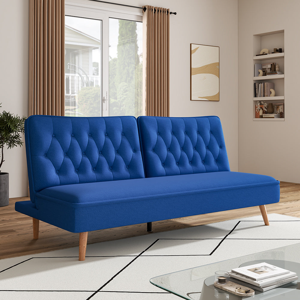 Blue Upholstered Convertible Sofa Bed with Wood Leg