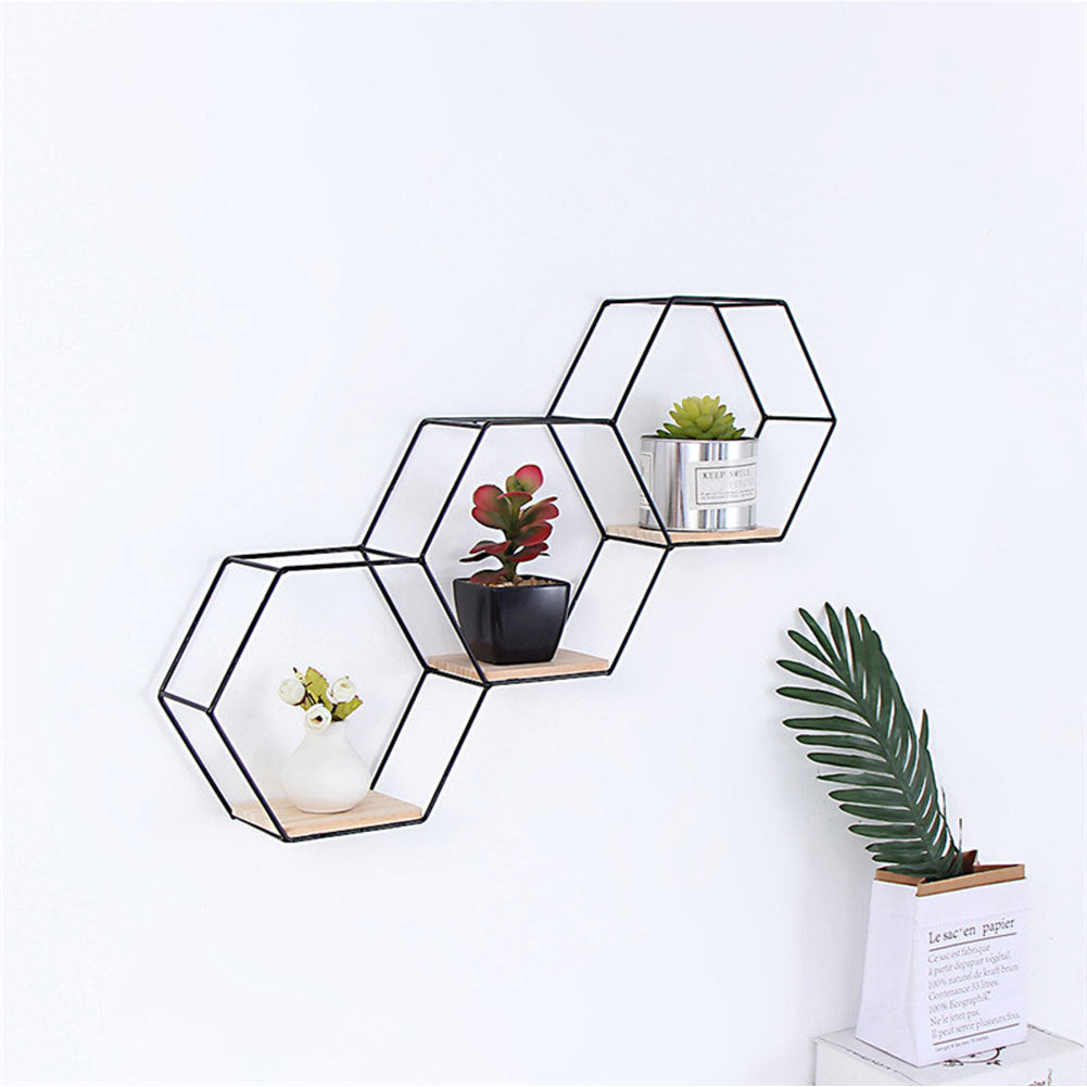 Modern Black Hexagon Wall Shelf with Iron Frame