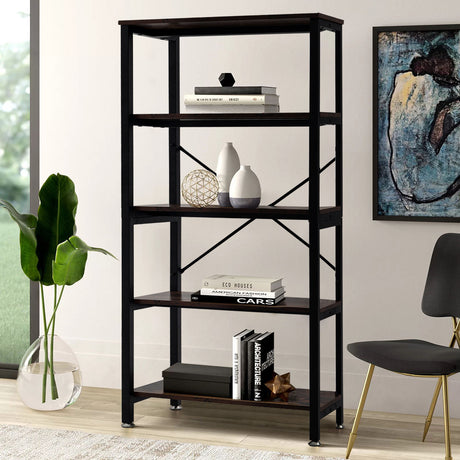 Brown Retro Industrial Style 5 Tier Bookshelf Open Storage Unit Metal Frame