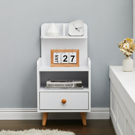 White Wooden Bedside Table with a Shelf and Drawer