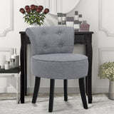 Linen Buttoned Vanity Stool Thick Padded Black Wooden Legs, Light Grey