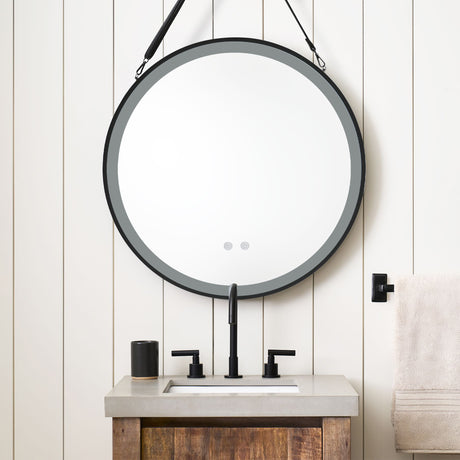 Black 60cm Round Metal LED Mirror with Hanging Strap