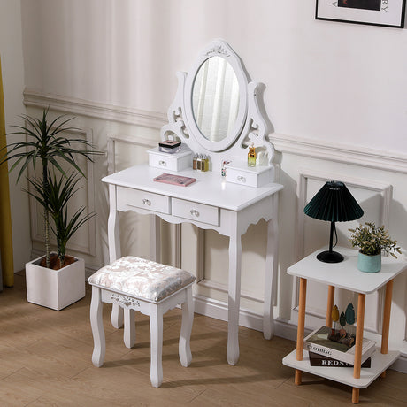 White Bedroom Makeup Vanity Desk with Mirror and Stool