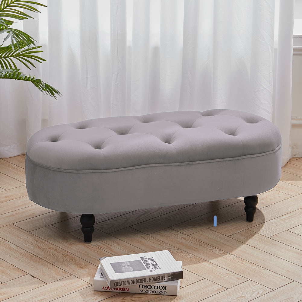 Oval Velvet Buttoned Footstool with Wood Legs, Grey