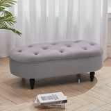 Oval Velvet Buttoned Footstool with Wood Legs, Grey