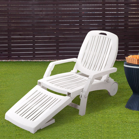 White Outdoor Folding Lounge Chair Recliner with Wheels