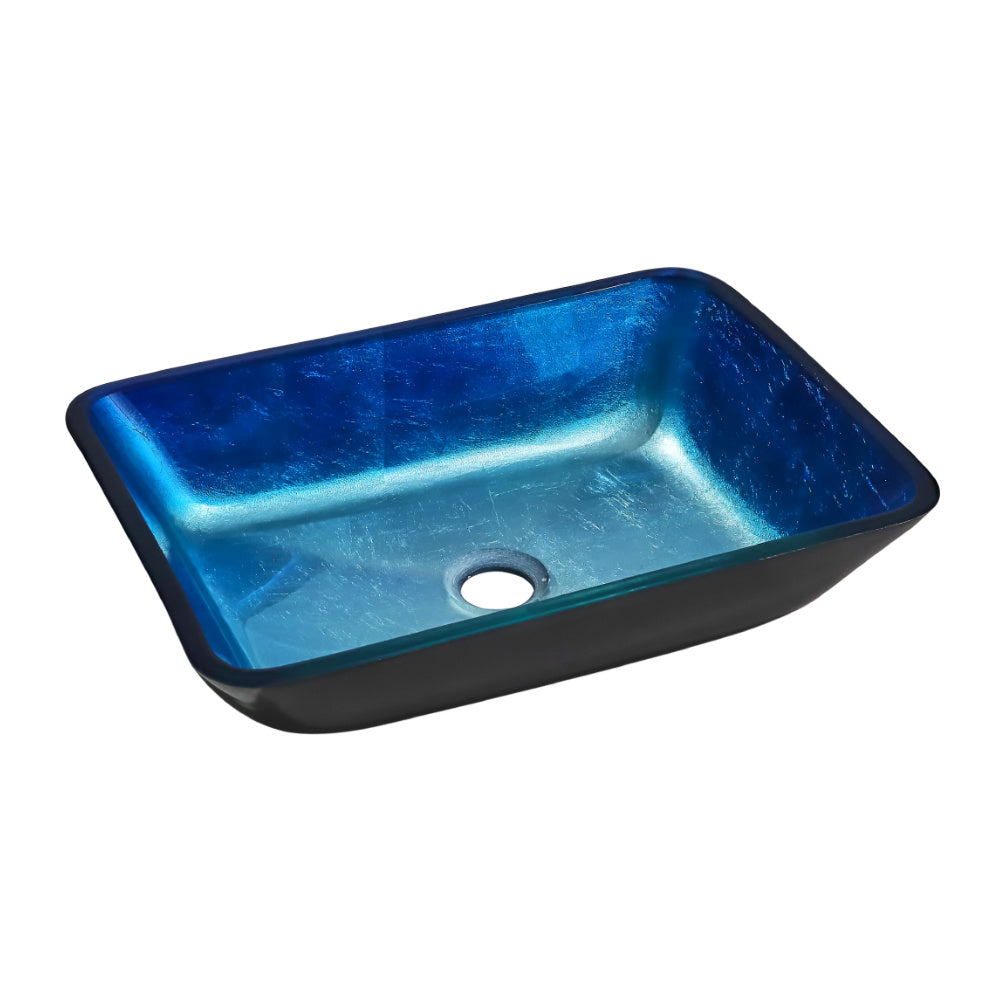 Rectangular Blue Glass Vessel Bathroom Sink Drain Set