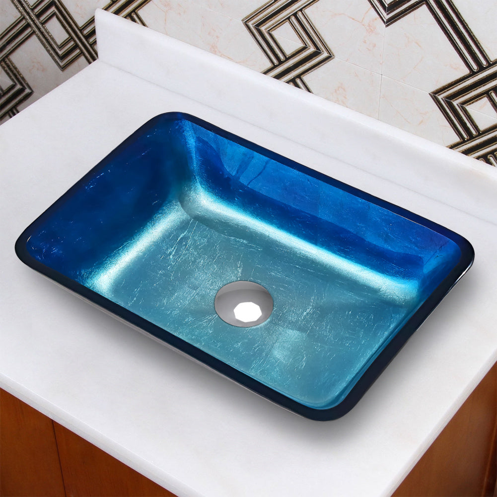 Rectangular Blue Glass Vessel Bathroom Sink Drain Set