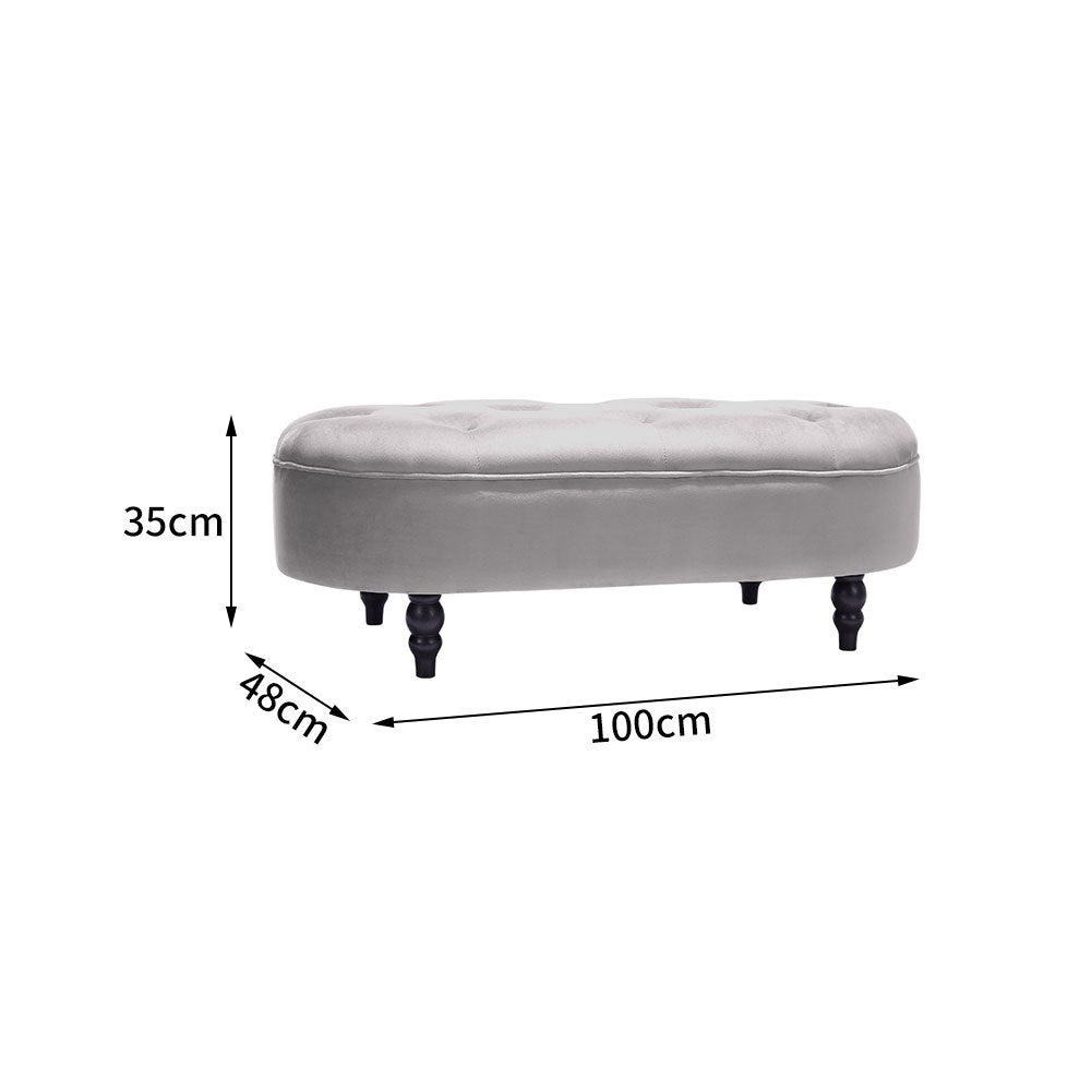 Oval Velvet Buttoned Footstool with Wood Legs, Grey